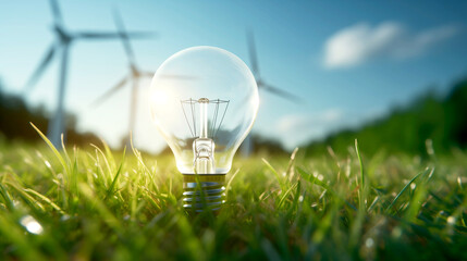 Light bulb on Green Grass with Wind Turbine in the Background. Renewable energy