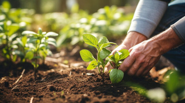 Farmer's Hand Planting organic young Seedlings in Vegetable Garden. Sustainable agriculture and farming