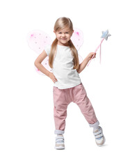 Cute little girl in fairy costume with pink wings and magic wand on white background