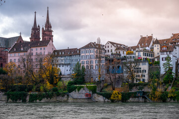 Basel-City by the river in autumn with beautiful architecture