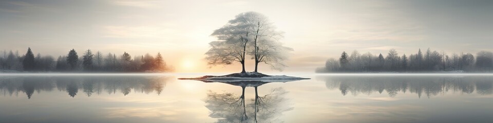 Two leafless trees standing alone in mountain lake at sunrise. Tree growing in lake surrounded by mountain range. Peaceful and serene winter nature concept - obrazy, fototapety, plakaty