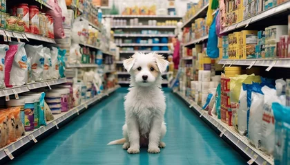 Poster Cute funny dog in grocery store shopping in supermarket. puppy dog sitting in a shopping cart on blurred shop mall background. Concept for animal pets groceries,delivery,shopping background © annebel146