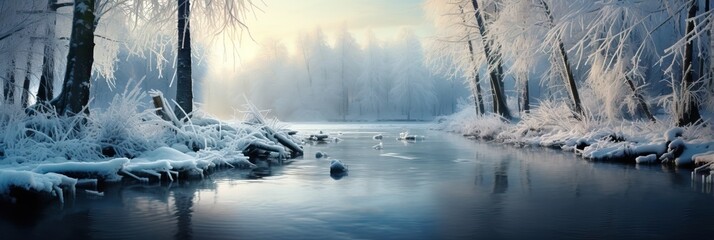 Beautiful white winter wonderland scenery with crystal clear lake in forest on cold sunny day with blue sky and clouds. Frosty cold winter day. Big lake in the woods. Winter Christmas landscape - obrazy, fototapety, plakaty