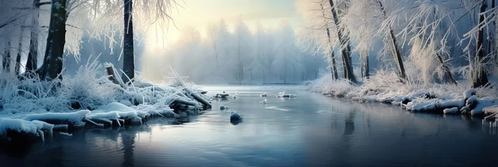 Fotobehang Beautiful white winter wonderland scenery with crystal clear lake in forest on cold sunny day with blue sky and clouds. Frosty cold winter day. Big lake in the woods. Winter Christmas landscape © ratatosk