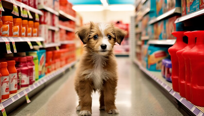 Cute funny dog in grocery store shopping in supermarket. puppy dog sitting in a shopping cart on blurred shop mall background. Concept for animal pets groceries,delivery,shopping background - obrazy, fototapety, plakaty