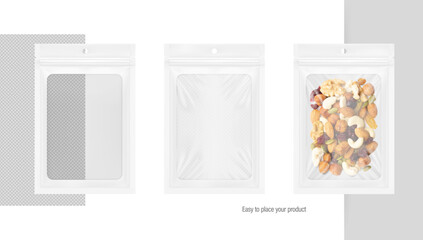 Mylar sachet bag with clear window, ziplock, hang hole and tear notch. Hyper realistic vector illustration isolated on different background. Packaging for food, small electrical items.