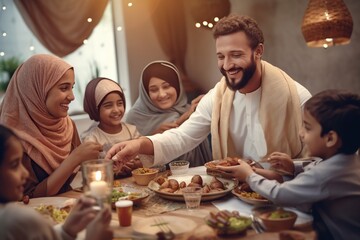 Muslim family enjoying a festive meal, Ramadan celebrations.