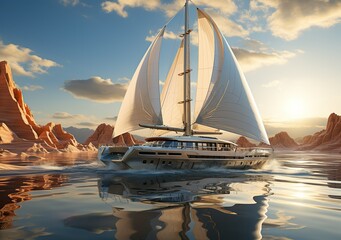 Beautiful yacht sailing boat on the sea with blue sky , cinematic lighting, volumetric lighting, - obrazy, fototapety, plakaty