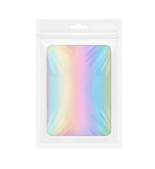 Sachet bag mockup with clear window, ziplock, hang hole and tear notch from iridescent foil. Hyper realistic vector illustration isolated on white background. Ready for use in your design. EPS10.
