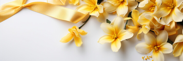 Yellow flowers and silk ribbons on white panoramic background. Flat lay top view composition with copy space for banner, card