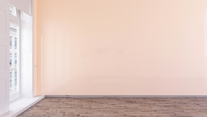 Peach Fuzz color of the year 2024 wall mock up 3d render design. Peach pastel wall mockup.