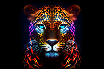Graphic, colorful artistic portrait in neon colors of leopard on dark background