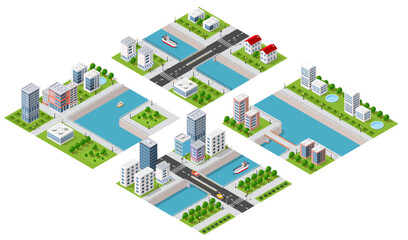 Isometric illustration of a city waterfront with a river, yachts and buildings