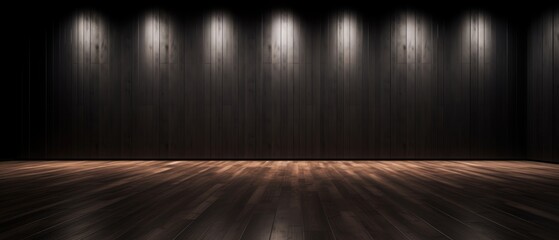 wood floor with dark black wall for present product - obrazy, fototapety, plakaty