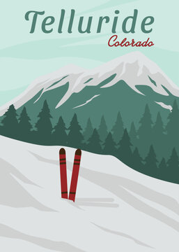 travel ski in telluride poster vintage vector illustration design. national park in colorado vintage poster.