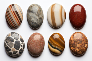 a group of different colored rocks on a white surface
