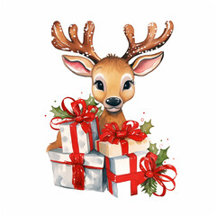 Cute deer with christmass gifts watercolor paint 