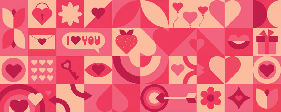 Geometric seamless pattern for Valentine's Day. Vector illustration for packaging, cover, banner, web design. Background in mosaic style geometry heart, lips, flower, arrow, eyes.