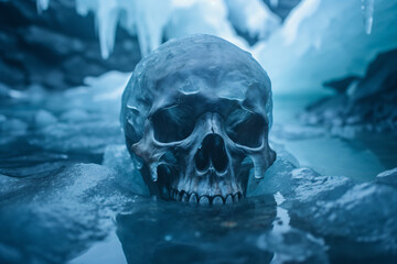 a skull is sitting in the water near ice