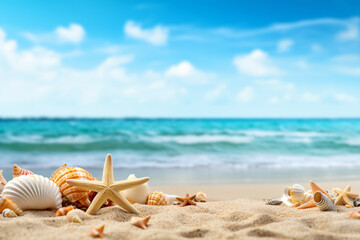 Fototapeta na wymiar a beach with shells and starfishs on the sand
