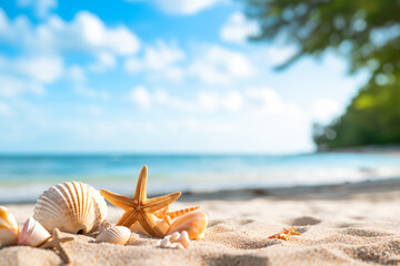 Fototapeta na wymiar a beach with shells and starfishs on the sand