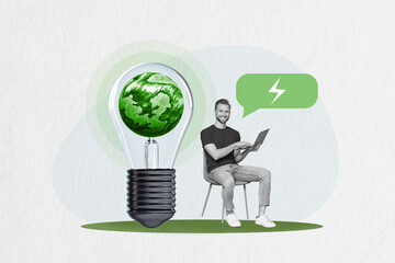 Composite collage picture image of young man green planet inside electric bulb electricity source...