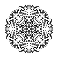 snowflake. flower. circular symmetrical ornament. kaleidoscope. black and white isolated hand drawing. henna. tattoo. print. embroidery. the coloring page.