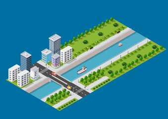 Isometric illustration of a city waterfront with a river, yachts and buildings s