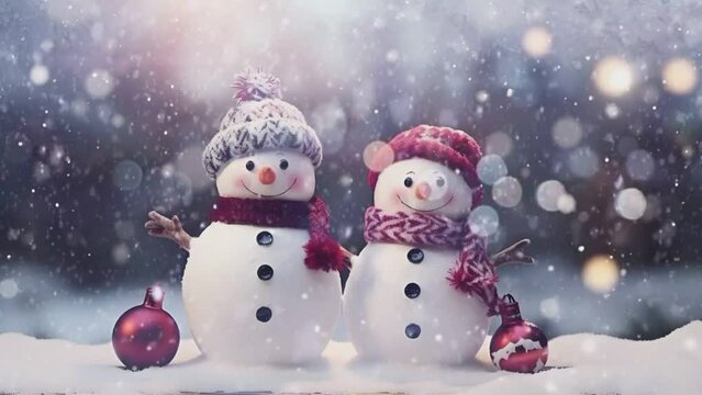 Christmas decorations with cute snowmen decorated with falling snow. seamless looping time-lapse virtual video animation background.generate with ai