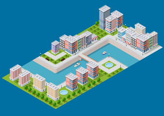 Isometric illustration of a city waterfront with a river, yachts and buildings s