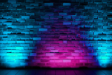 Fondo de pared de ladrillos iluminada con luces de neón.