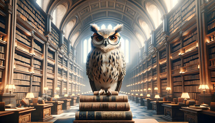 AI generated majestic owl with modern spectacles perched on ancient books in a grand library, exuding wisdom and intellect