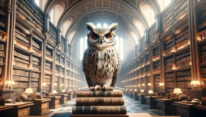 Fotobehang AI generated majestic owl with modern spectacles perched on ancient books in a grand library, exuding wisdom and intellect © Shevchenko Oleksandr