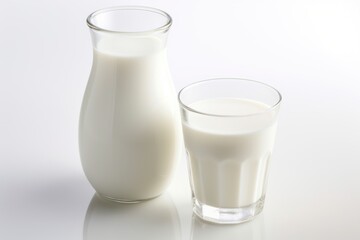 milk jar and glass on white background, fresh milk