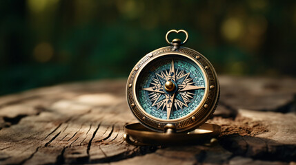 Vintage compass standing on old wood - obrazy, fototapety, plakaty