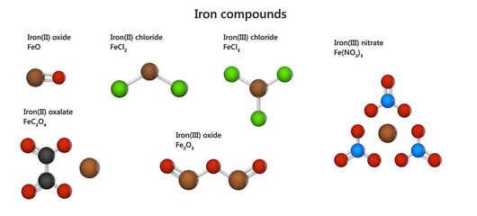 Various iron (Fe) compounds: oxide, chloride, nitrate, oxalate. 3d illustration. Isolated on white background.