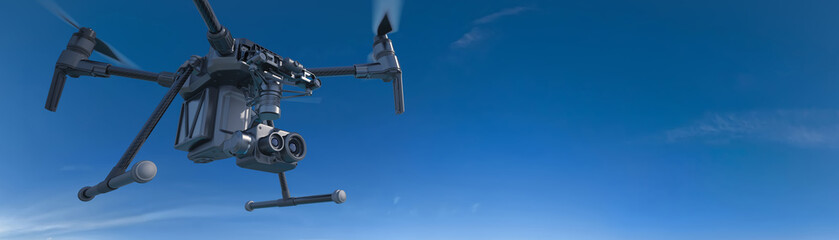 A modern aerial drone (quadcopter) with remote control, flying with an action camera. Against the background of the sky and clouds. Background: photo. Drone: 3D model. 3d illustration.
