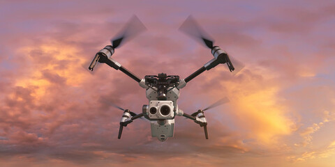A drone (drone) flying against the background of sunset. The image is suitable for illustrating content related to technology and travel, advertising and editorials. 3D Illustration.