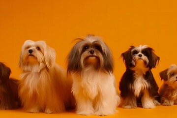 a group of dogs on an orange background. Neural network AI generated art - obrazy, fototapety, plakaty