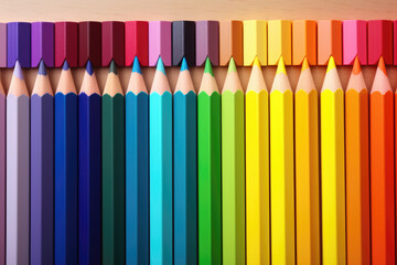 Gradient of vivid colored pencils on wooden surface, ideal for artists and school projects.