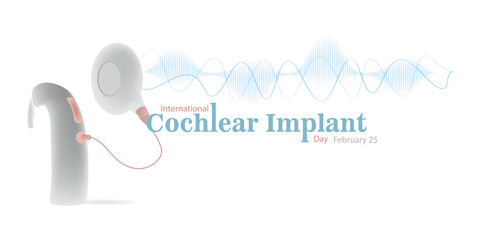 International Cochlear Implant Day February 25.
Simulation of a cochlear implant and sound waves coming out of it in blue tone and white background.