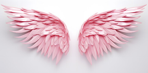 A pair of pink angel wings on a white background - obrazy, fototapety, plakaty