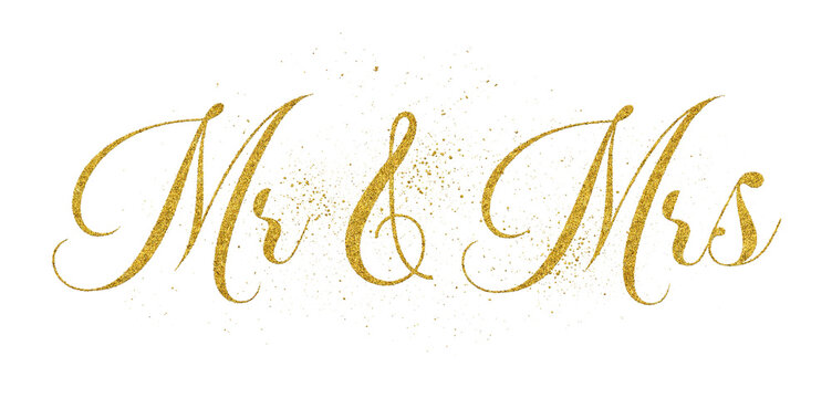 Mr & Mrs written in elegant script lettering with golden glitter effect isolated on transparent background