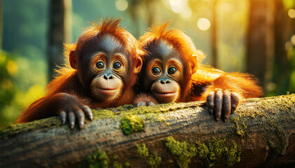 Portrait of two beautiful baby orangutans looking at camera. Two beautiful little monkeys with brown and orange fur look on in amazement, leaning against a tree trunk in the rainforest. - obrazy, fototapety, plakaty