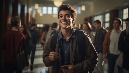 Naklejka premium Capturing the Dynamic Tapestry of High School Life - Candid Moments, Conversations, and Energetic Diversity in Vibrant Hallways