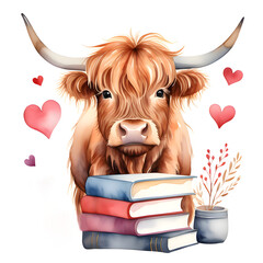 Watercolor Highland Cow with books. Book lover illustration. Valentine's Day Clipart. - obrazy, fototapety, plakaty