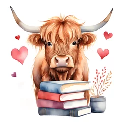 Foto op Canvas Watercolor Highland Cow with books. Book lover illustration. Valentine's Day Clipart. © Evgeniia