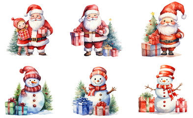 Santa Claus and snowman with christmas giftbox watercolor vector illustration