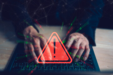 internet network security concept, man typing on keyboard with triangle warning sign developer with triangle caution warning sign for notification error and maintenance, e-document data protection