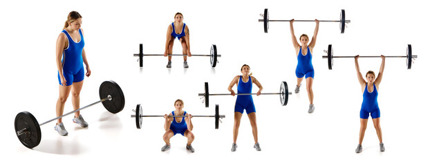 Fototapeta na wymiar Strong, muscular young woman in sportswear training, lifting heavy weights isolated over white background. Weightlifter. Collage. Concept of sport, competition, tournament, championship.